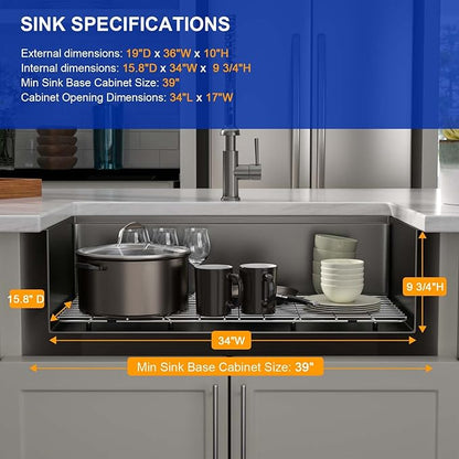 Dcolora 36 in. Black Undermount Kitchen Sink Workstation NANO-PVD Large Black Kitchen Sinks with Ledge Round Corner 16 304 Gauge Stainless Steel Single Bowl Basin, Gunmetal Black,36"x19"x10",DC-U7776