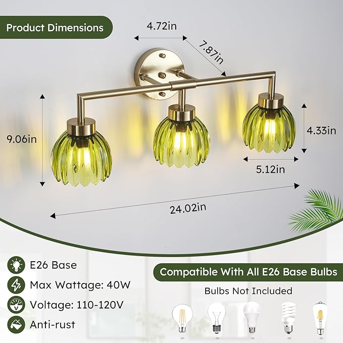 Generies Green Glass Vanity Light, Vintage 3-Light Bathroom Vanity Light Fixture Over Mirror, Art Deco Wall Sconce Lighting for Bathroom, Bedroom, Hallway, Brushed Gold