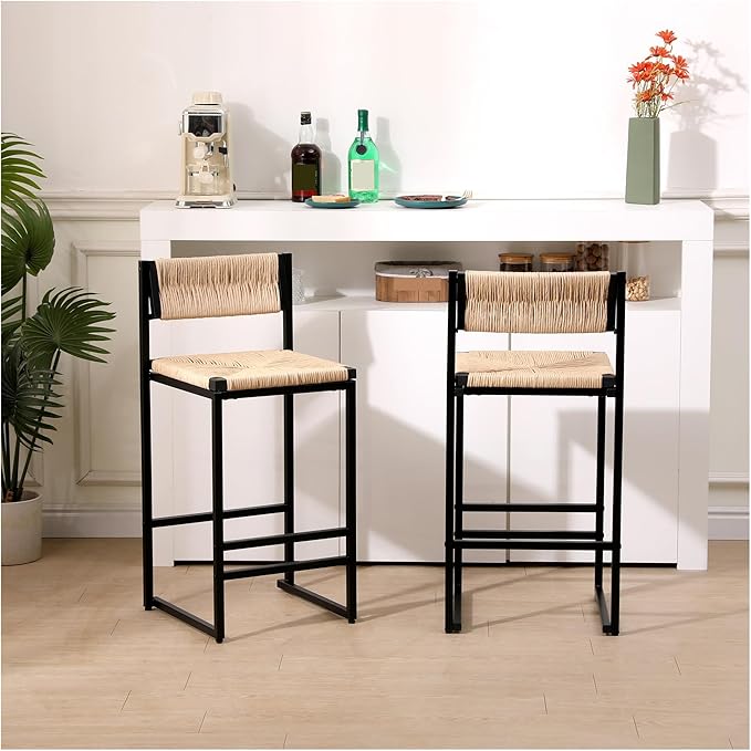 Creamy White，Honey，Gray Paper Rope Woven Stools Set of 2 Hand Weave Counter Chairs with Footrest for Kitchen Island, Dining Room