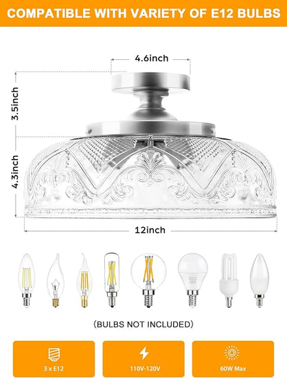 Semi Flush Mount Ceiling Light, 12 Inch Large Silver Ceiling Light Fixture, 3-Light Globe Glass Farmhouse Kitchen Lighting Fixtures for Bathroom, Hallway, Dining Room (Bulb Not Included)