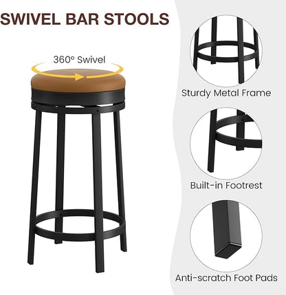 GAOMON 24 inch Swivel Bar Stools Set of 4, Counter Height Barstool with Footrest and PU Leather Upholstery, Metal Frame, Kitchen Barstools for Kitchen Island, Home Bar, Brown