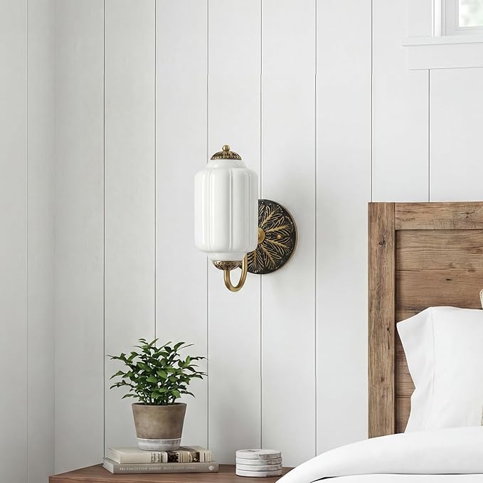 Vintage Milk White Glass Wall Sconce - Milk Glass Shade Antique Brass Indoor Wall Light for Bedroom, Living Room, and Hallway