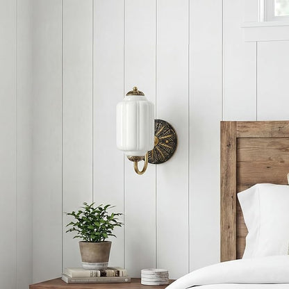 Vintage Milk White Glass Wall Sconce - Milk Glass Shade Antique Brass Indoor Wall Light for Bedroom, Living Room, and Hallway
