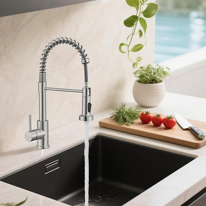 Faucets for Kitchen Sink with Sprayer, Brushed Nickel High Arc Single Handle Spring Stainless Steel Kitchen Sink Faucet with Soap Dispenser, Utility Ideal for RV Laundry Commercial & Camper
