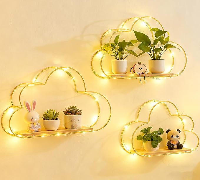 Floating Cloud Shelves for Wall 3 Pack, Mini Cute Floating Shelves with LED Lights for Kids Room Decor, Hanging Display Wall Shelf for Bedroom Kitchen Living Room Decor