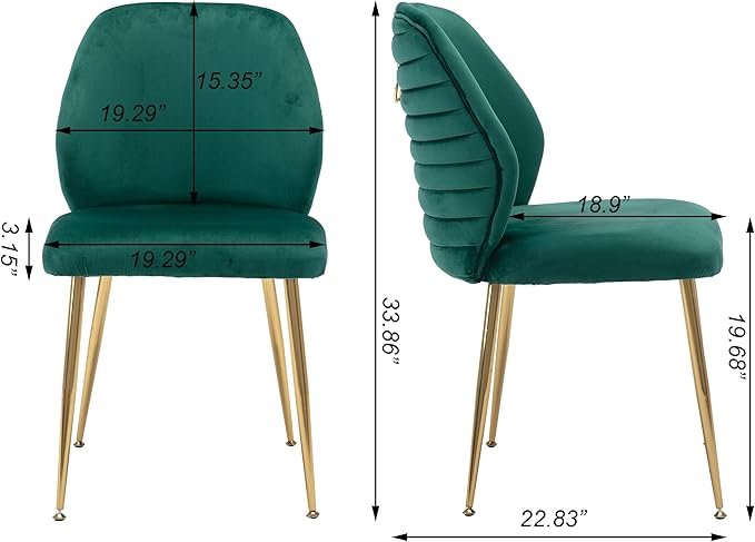 Modern Velvet Dining Chairs Set of 2, Woven Accent Kitchen Chairs with 4 Sturdy Golden Metal Legs, Luxurious Armless Side Chair with Ring for Indoor, Kitchen Island , Dining Room, Living Room (Green)