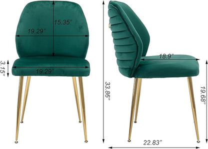 Modern Velvet Dining Chairs Set of 2, Woven Accent Kitchen Chairs with 4 Sturdy Golden Metal Legs, Luxurious Armless Side Chair with Ring for Indoor, Kitchen Island , Dining Room, Living Room (Green)