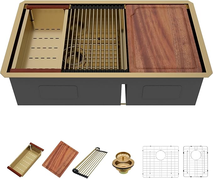 33 Gold Undermount Kitchen Sink - Beslend 33x19 Gold Double Bowl Kitchen Sinks Workstation 16 Gauge Stainless Steel Golden Sink Low Divide Double Basin 60/40