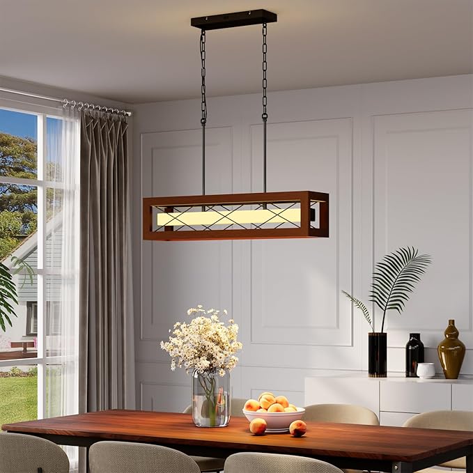 31.5" Farmhouse Kitchen Island Lighting, Rustic Wood Linear Chandeliers for Dining Room Light Fixture, 30W LED Dimmable Rectangular Pendant Lights for Kitchen Island Over Table with Remote