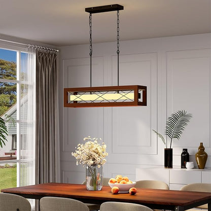 31.5" Farmhouse Kitchen Island Lighting, Rustic Wood Linear Chandeliers for Dining Room Light Fixture, 30W LED Dimmable Rectangular Pendant Lights for Kitchen Island Over Table with Remote