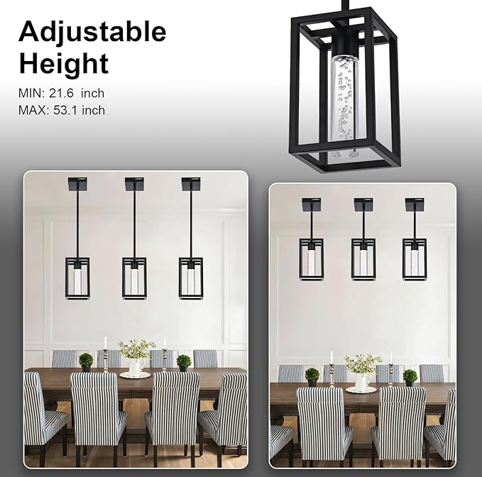 MELUCEE Modern Led Pendant Light Fixture 5 Color Temperature Adjustable, 3 Pack 15W LED Bubble Crystal Pendant Lights Kitchen Island, Black Dining Room Light Fixtures Adjustable Height, 3000-6000K