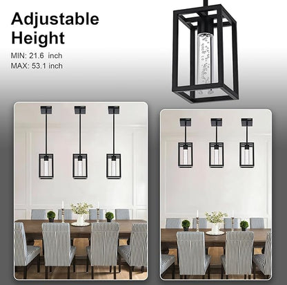 MELUCEE Modern Led Pendant Light Fixture 5 Color Temperature Adjustable, 3 Pack 15W LED Bubble Crystal Pendant Lights Kitchen Island, Black Dining Room Light Fixtures Adjustable Height, 3000-6000K