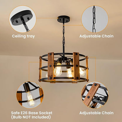 Rustic Farmhouse Chandelier, 4 Lights Pendant Light Fixture, Adjustable Height, Brown Vintage Wood Hanging Pendant Lighting for Entryway Kitchen Island Foyer Dining Room Living Room Bedroom
