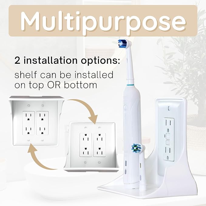 Power Perch Double Wall Outlet Shelf with Cord Storage Strap - Declutter & Reclaim Bedroom Counter Space - Echo Dot Stand, Apple Homepod Shelf, Toothbrush Holder for Bathroom - White, 1-Pack