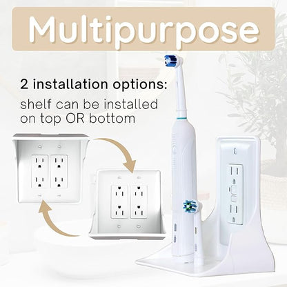 Power Perch Double Wall Outlet Shelf with Cord Storage Strap - Declutter & Reclaim Bedroom Counter Space - Echo Dot Stand, Apple Homepod Shelf, Toothbrush Holder for Bathroom - White, 1-Pack