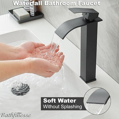Vessel Sink Faucet Waterfall Bathroom Faucet Matte Black Stainless Steel Tall Single Handle One Hole Deck Mount Bowl Vanity Sink Faucet with Pop-up Drain Stopper