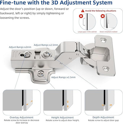 Chibery 50 Pack Inset Soft Close Concealed Frameless Cabinet Hinges, Satin Nickel, 105°, Stop at Will 45-105 Degree, Self Closing, 3D Adjustment, Clip On, Stainless Steel for Cupboard Kitchen