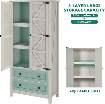 YITAHOME Farmhouse Kitchen Pantry Cabinet, 64.5" Tall Storage Cabinet with 2 Drawers & Adjustable Shelves, Ideal for Kitchen, Living Room, or Entryway, White