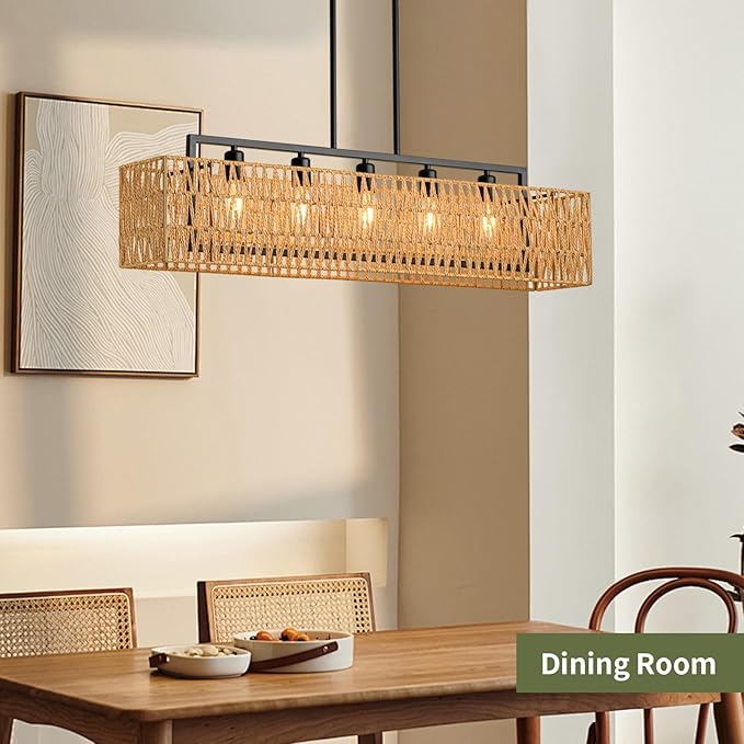 Chandeliers for Dining Room 40 Inch Boho Rattan Chandelier 5-Light Linear Chandelier Large Rectangle Chandelier Over Table, Rattan Light Fixture Kitchen Island Lighting