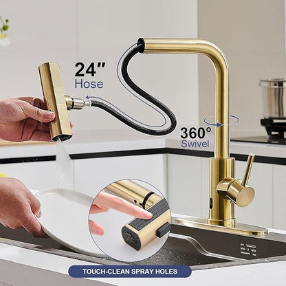 AVSIILE Brushed Gold Touchless Kitchen Faucets with Pull Down Sprayer & Soap Dispenser, Waterfall Single Hole & Handle, Pull Out Sink Faucet, Suitable for Farmhouse Camper Laundry Rv Bar