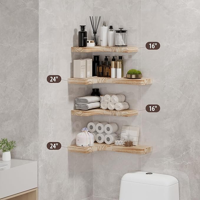 SAUMONIERES Corner Floating Shelves Wall Mount Shelf Solid Wood for Bedroom Bathroom Room Kitchen Storage Set of 3, Rustic Torched, Invisible Brackets