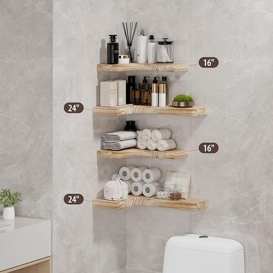 SAUMONIERES Corner Floating Shelves Wall Mount Shelf Solid Wood for Bedroom Bathroom Room Kitchen Storage Set of 3, Rustic Torched, Invisible Brackets