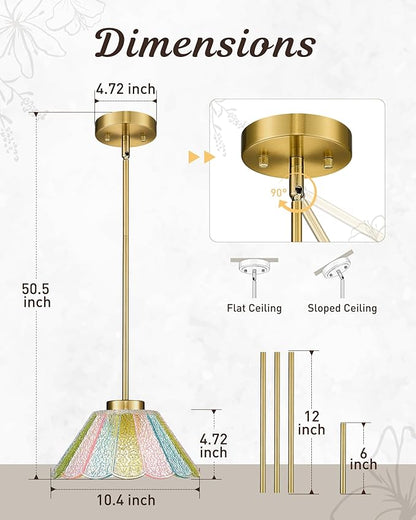 Gold Pendant Light, HWH 10.4-inch Hanging Light Fixture for Living Room, Dining Room, Bedroom, Pendant Lights Kitchen Island with Colored Floral Glass, Gold Finish, 5HJX110MIL BG-C