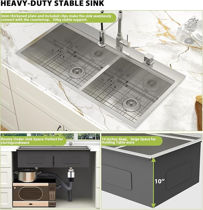 39-inch Drop In Kitchen Sink - Double Bowl 50/50 Multifunctional Workstation Large Kitchen Sink, 304 Stainless Steel 16 Gauge Above Counter Sinks for Kitchen with Mixing Bowl, 39''x22''x10''