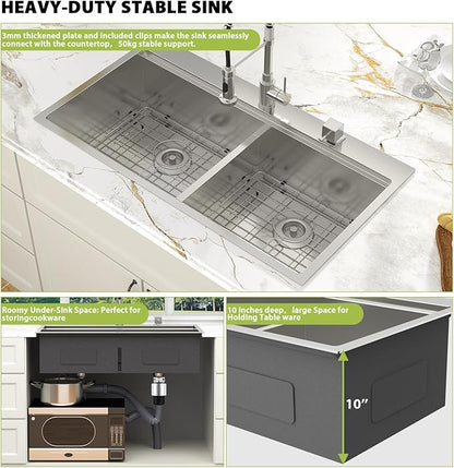 39-inch Drop In Kitchen Sink - Double Bowl 50/50 Multifunctional Workstation Large Kitchen Sink, 304 Stainless Steel 16 Gauge Above Counter Sinks for Kitchen with Mixing Bowl, 39''x22''x10''