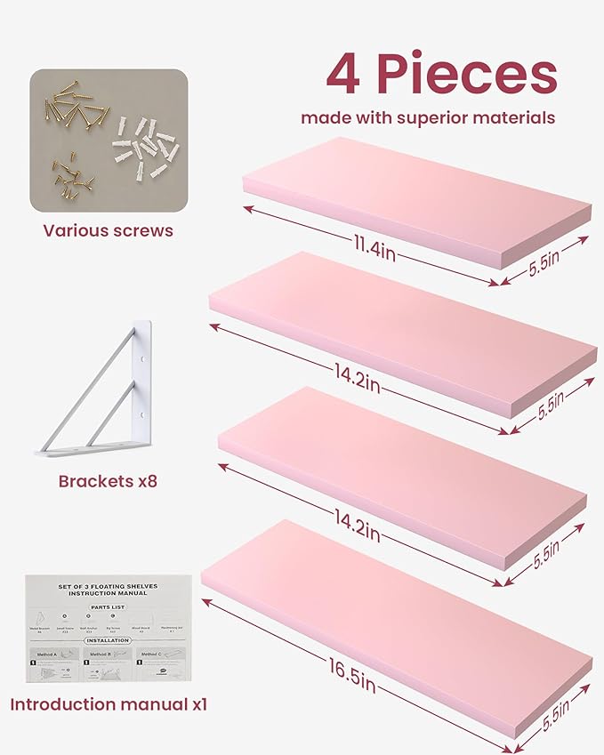 BAYKA Wall Shelves for Bedroom Decor, Pink Floating Wall Shelf for Living Room Kitchen Storage,Mounted Rustic Wood Shelves for Kids Books, Corner Shelf for Bathroom(16in，Set of 4)