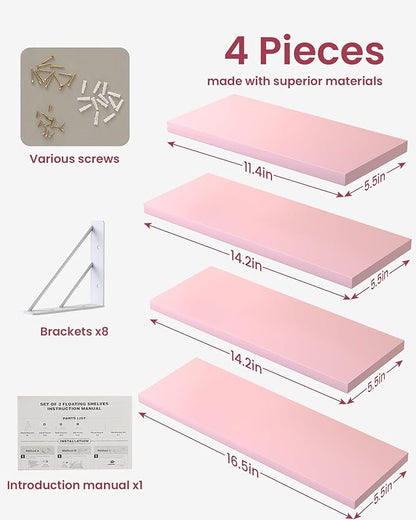 BAYKA Wall Shelves for Bedroom Decor, Pink Floating Wall Shelf for Living Room Kitchen Storage,Mounted Rustic Wood Shelves for Kids Books, Corner Shelf for Bathroom(16in，Set of 4)
