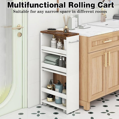 IBUYKE Slim Storage Cart, 4-Tier Skinny Rolling Cart, 5.9" Narrow Utility Trolley with Handle & Lockable Wheels,Thin Shelf for Kitchen, Laundry Room, Bathroom, Small Spaces,Space-Saving WST005W