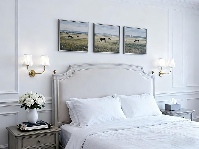 PERMO Vintage Wall Sconce Double Gold wall sconces with Pleated White Stripe Fabric Shades Retro 2 Lights Wall Sconce Hardwired for Living Room Bedroom Hallway