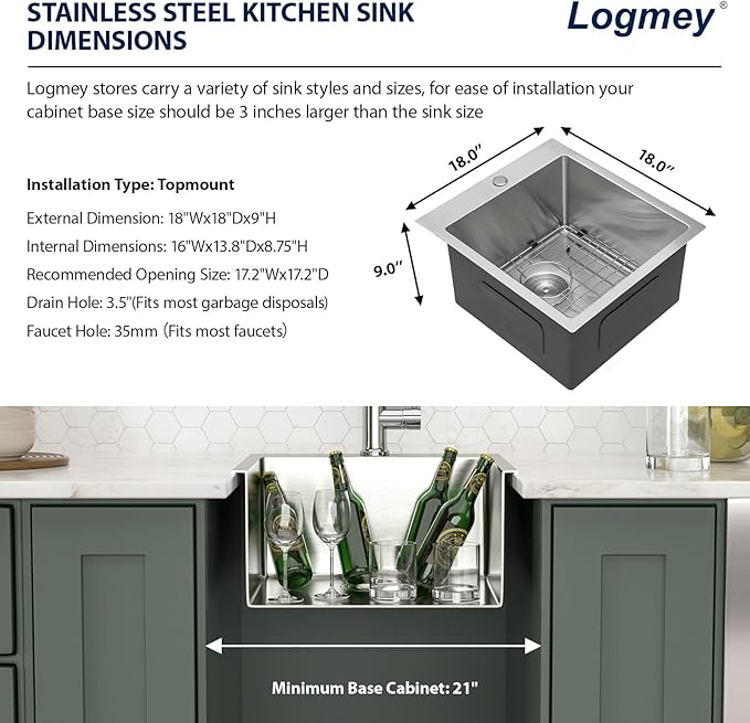 Logmey 18x18 Square Drop in Bar Sink,16 Gauge Stainless Steel Handmade Small Kitchen Sink Single Bowl,RV & Outdoor Compact Bar Prep Sink for Camper,Patio & Small Kitchen 18x18x9