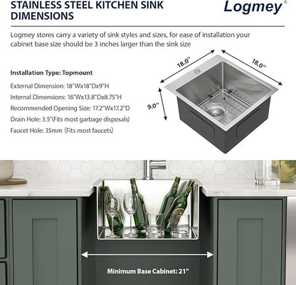 Logmey 18x18 Square Drop in Bar Sink,16 Gauge Stainless Steel Handmade Small Kitchen Sink Single Bowl,RV & Outdoor Compact Bar Prep Sink for Camper,Patio & Small Kitchen 18x18x9