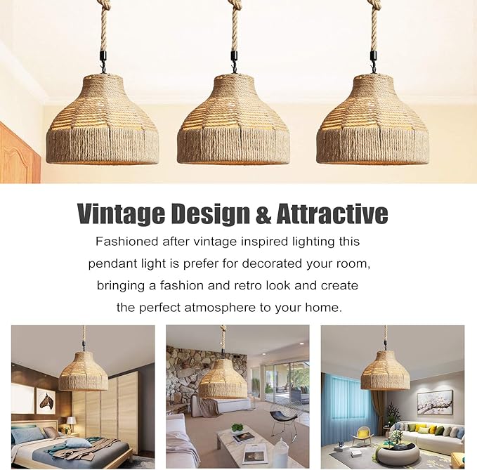 GWY Hemp Rope Weaved Pendant Lamp, Retro Natural Rattan Handmade Woven E27 Chandelier Hanging Light Ceiling Lighting Fixture for Living Room Bedroom Restaurant Cafe Teahouse Bar Dining Room Club
