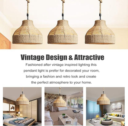 GWY Hemp Rope Weaved Pendant Lamp, Retro Natural Rattan Handmade Woven E27 Chandelier Hanging Light Ceiling Lighting Fixture for Living Room Bedroom Restaurant Cafe Teahouse Bar Dining Room Club