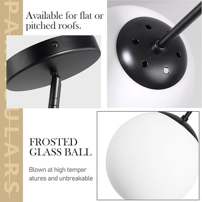 Bagood 14" Globe Pendant Light 3-Light Black Milk Glass Pendant Light Mid Century Modern Light Fixture Globe Pendant Lights Kitchen Island Matte Black Finished with Milk Glass Lampshade for Bedroom