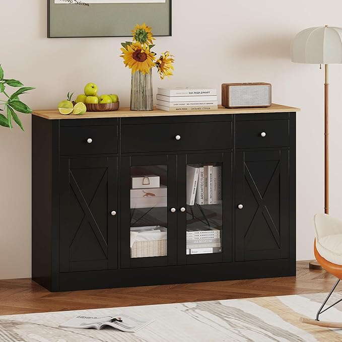 Giantex 55" Sideboard Buffet Cabinet with Storage, Modern Farmhouse Kitchen Storage Cabinet w/3 Drawers, Adjustable Shelves, 2 Barn Doors & 2 Glass Doors, Black Sideboard for Living Room, Coffee Bar