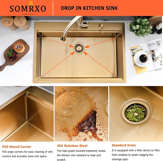 33x22 Drop in Kitchen Sink Gold - 16 Gauge Stainless Steel Single Bowl Workstation Sink with Accessories, 10 Inch Deep Topmount