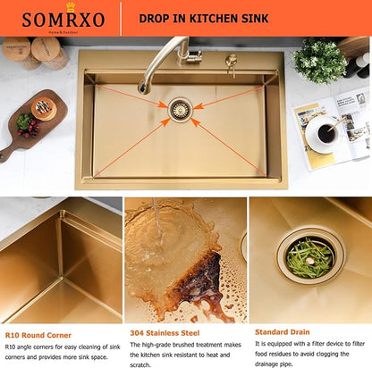 33x22 Drop in Kitchen Sink Gold - 16 Gauge Stainless Steel Single Bowl Workstation Sink with Accessories, 10 Inch Deep Topmount
