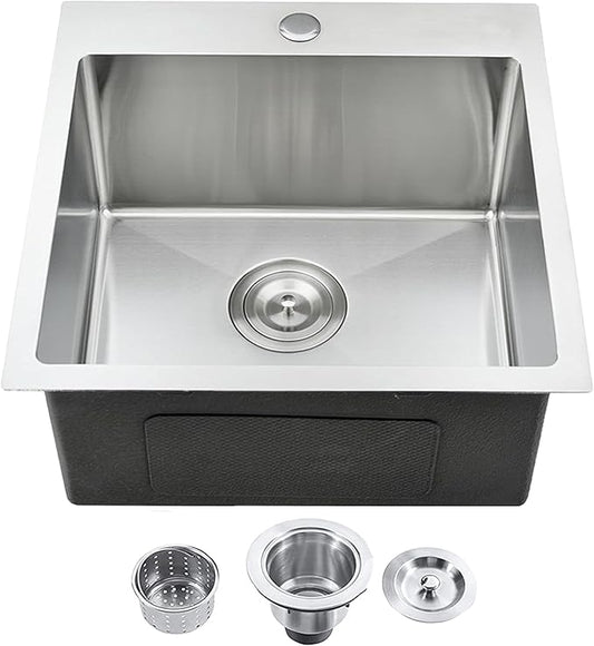 VCCUCINE Bar Sink Drop in,18 x 18 Inch Topmount RV Small Kitchen Sink,Handmade Stainless Steel Wet Bar Sink,Outdoor Single Bowl,Brushed Nickel Prep Sink with Drain