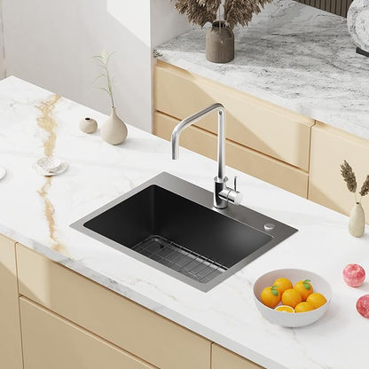 20" x 16" Drop in Kitchen Sink 304 Stainless Steel Single Bowl Topmount Bar Sink with Drain Kit and Bottom Grid, Black