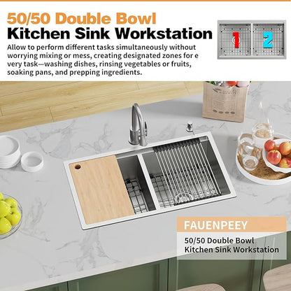 33"x19" Kitchen Sink Workstation - 50/50 Double Bowl Stainless Steel Undermount Kitchen Sink Built-in Ledge Drop In Workstation Sink For Placing/Sliding Accessories-Cutting Board,Drying Rack
