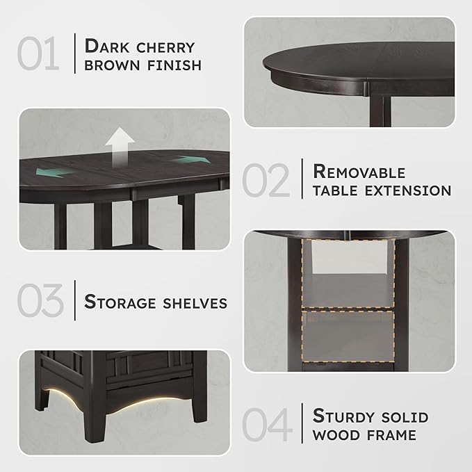 Lexicon Meyer 60 Inch Bar Table - Round Counter Height Small Kitchen Table for 2-4, Solid Wood, Oval Extendable Leaf for Small Dining Room, Storage Space, Shelf, Easy Assembly, Dark Cherry Brown