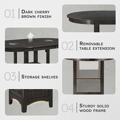 Lexicon Meyer 60 Inch Bar Table - Round Counter Height Small Kitchen Table for 2-4, Solid Wood, Oval Extendable Leaf for Small Dining Room, Storage Space, Shelf, Easy Assembly, Dark Cherry Brown