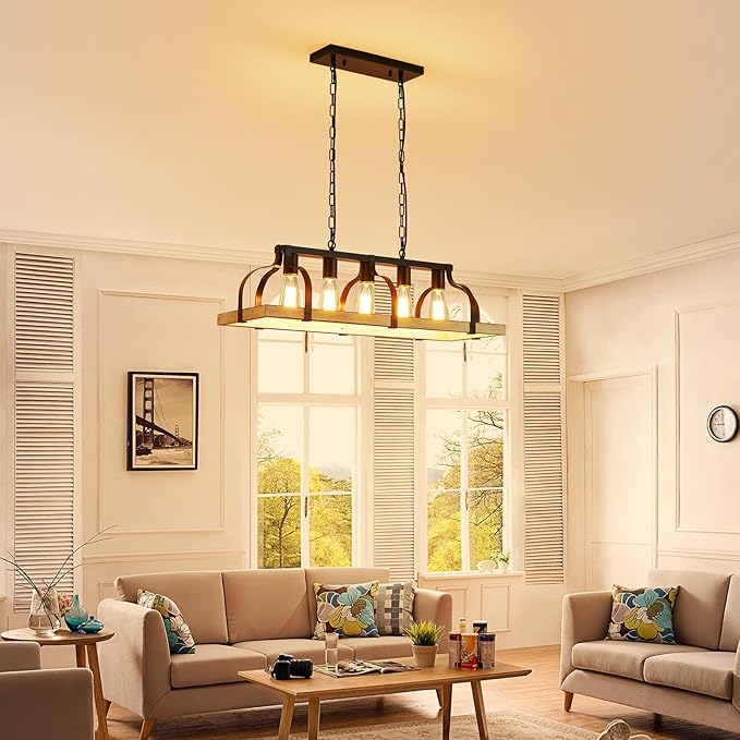 WUZUPS 5-Light Metal Chandelier Imitation Wood Grain Linear Pendant Ceiling Lighting Rustic Farmhouse Fixture Kitchen Island Dining Room, H 8.5" L 31.5" W10, E26 Base, Black & Antique White