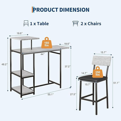 GAOMON 3-Piece Dining Set, Bar Table and Chairs Set for 2, High Top Table and Upholstered Chairs with Storage Shelves, Breakfast Nook, Bar Pub Set for Kitchen, Home Bar, Small Space