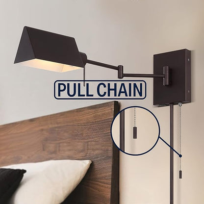 JONATHAN Y 22" Oil Rubbed Bronze 1-Light Swing Arm Wall Sconce, Plug-in or Hardwired with USB Charging Port and Pull Chain, Iron Shade, Industrial LED Reading Lamp JYL6015A