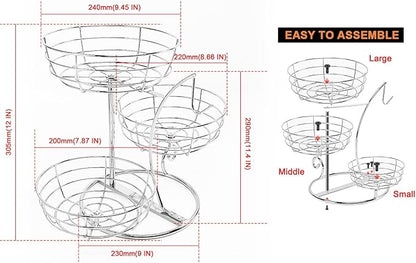 Livabber Fruit Basket Bowl with Banana Hanger, Fruit Vegetable Storage Basket with Banana Tree Holder for Kitchen Counter, Detachable Organizer for Bread Snack Produce (Chrome, 3-Tier Metal Base)